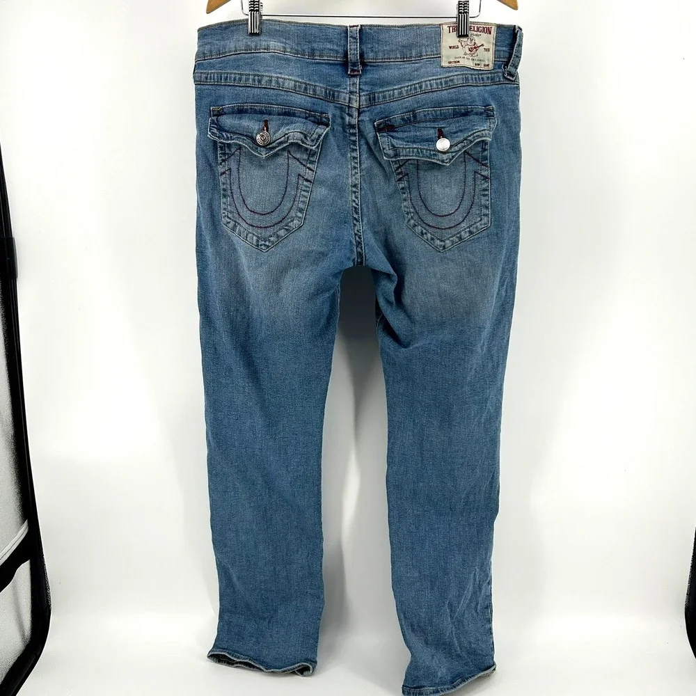 True Religion Ricky Relaxed Straight Blue Denim Jeans Mens 38x32 Horseshoe Flap - Picture 5 of 6